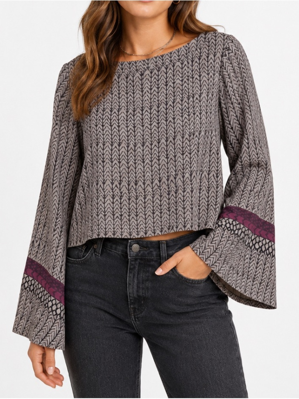Free People Stars Aligned Bell Sleeve Crop Top Medium Boho Blouse Gray Plum NWT